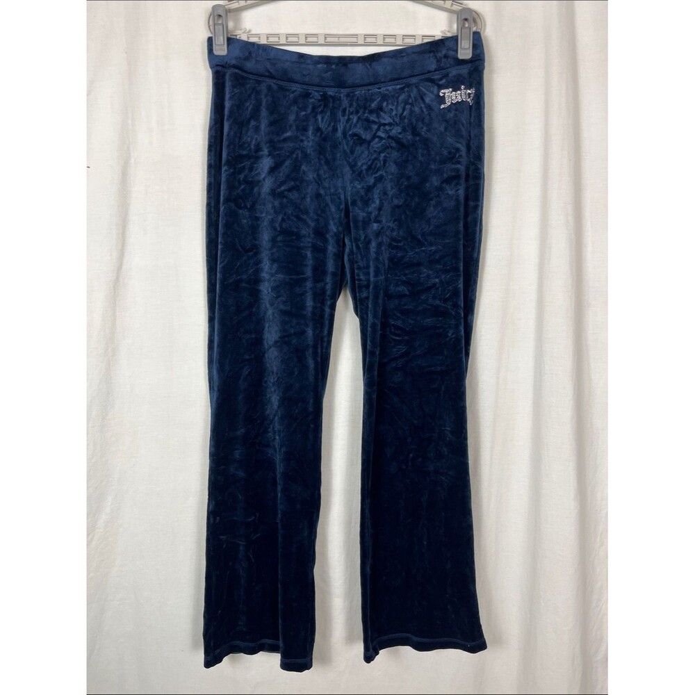 Juicy Couture Dark Blue Velor Juicy Rhinestone Logo Flare Tracksuit Pants